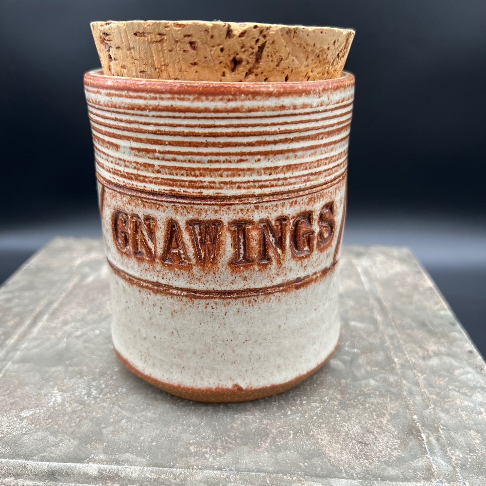 Pottery Gnawings Canister Signed Artisan Stoneware Jar with Cork Lid 5.5in